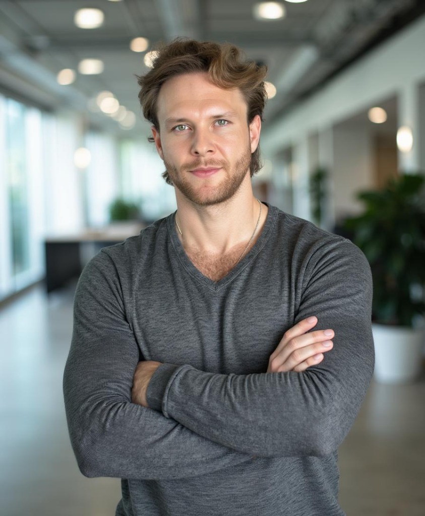 Raphaël Paya assis dans la bibliothèque chic d'un lounge, entrepreneur et expert de la vente B2B